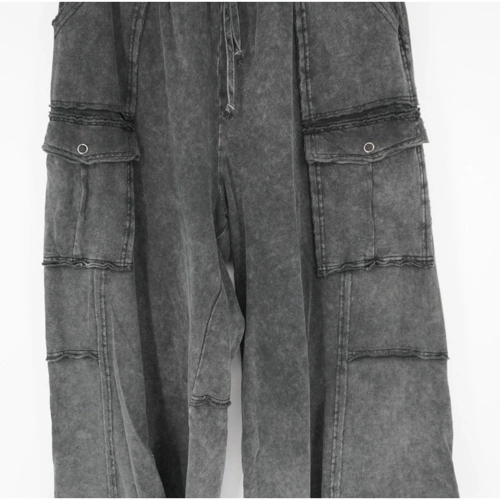 Easel Womens Utility Mineral Washed Wide Leg Terry Knit Cargo Pant Black Large - Picture 8 of 15